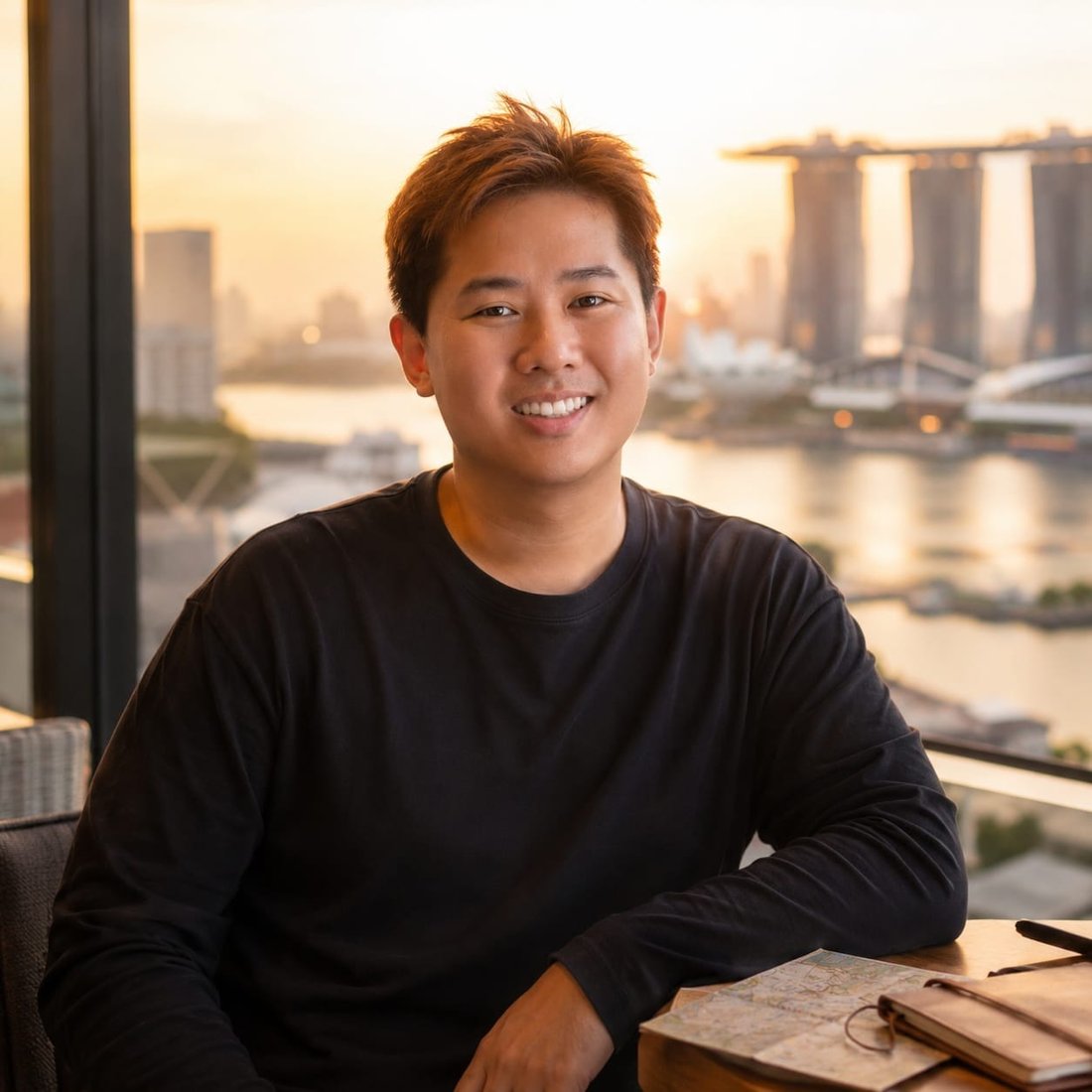 Kev L by the window with the Singapore skyline behind